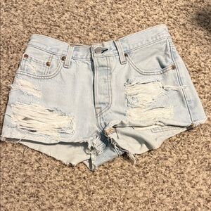 Levi’s 501 Button Fly Light Blue Distressed Denim Shorts